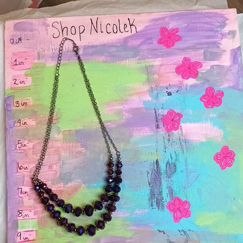 Beautiful 2 layer purple shiny bling beaded necklace has multi color shine